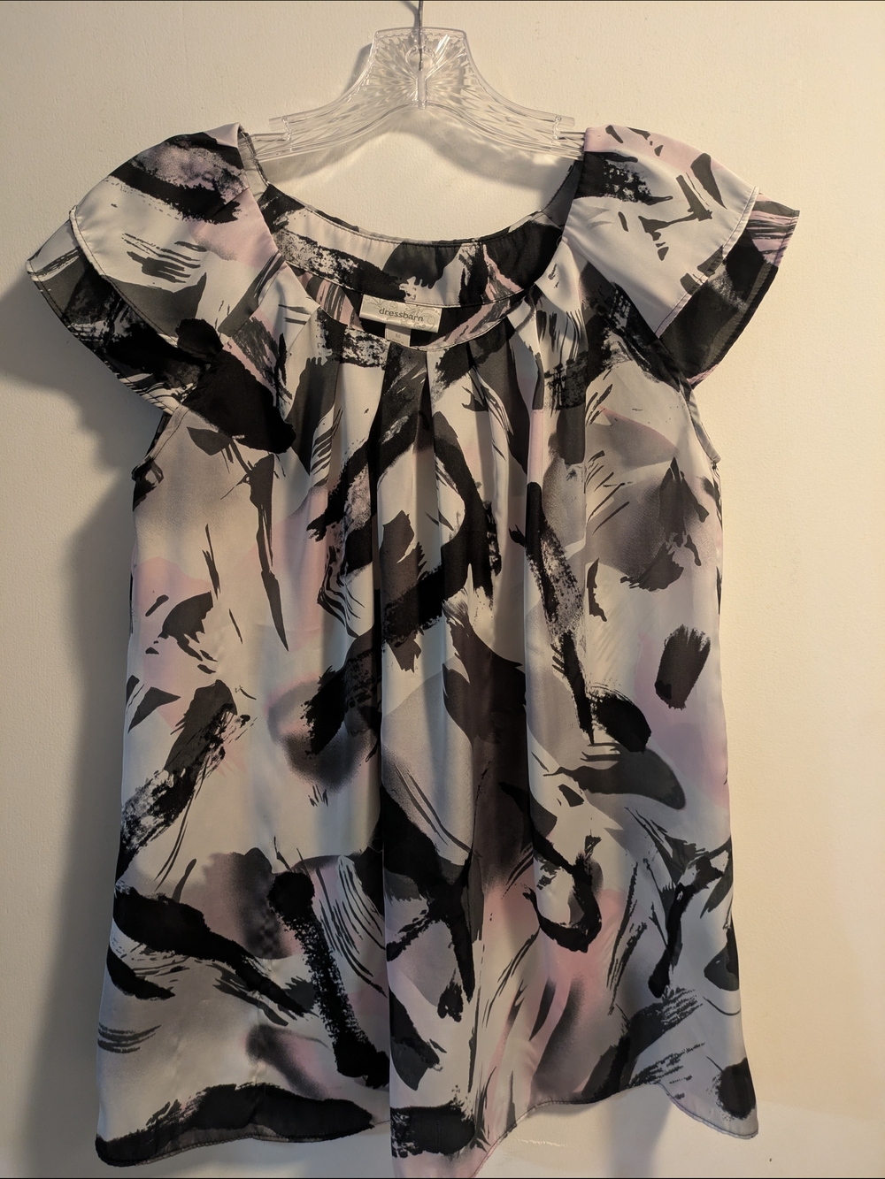 dressbarn Black, White & Pale Pink Abstract Cap-Sleeve Blouse